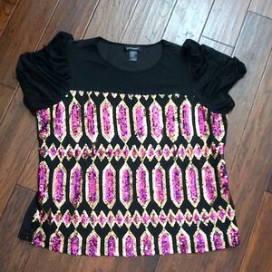 Ashley Stewart Black with Pink & Gold Sequin Blouse size 26/28